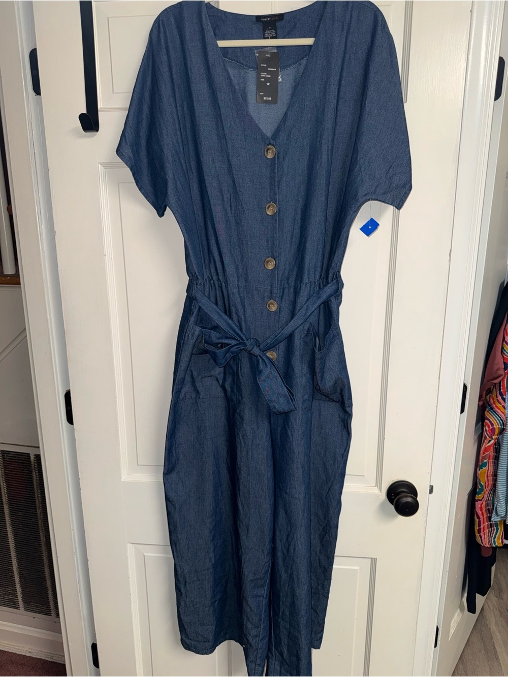Robert Louis Navy denim Button-Front jumpsuit with Tie Waist